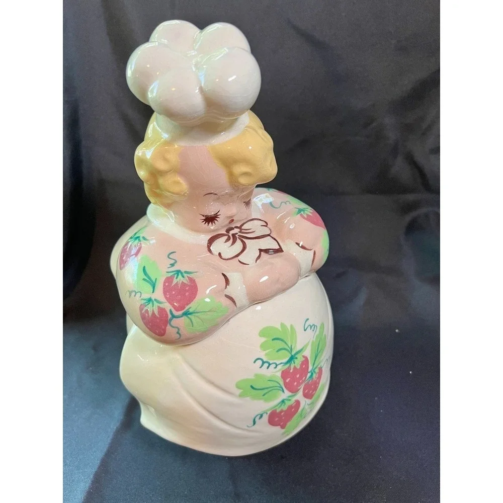 Vintage American Bisque Strawberry Girl Cookie Jar Pink Dress Hand Painted 1940s